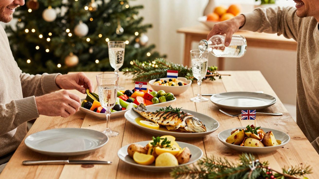 Mesa de jantar com peixe, frutas, legumes e duas pessoas servindo bebidas ao fundo com árvore de Natal.