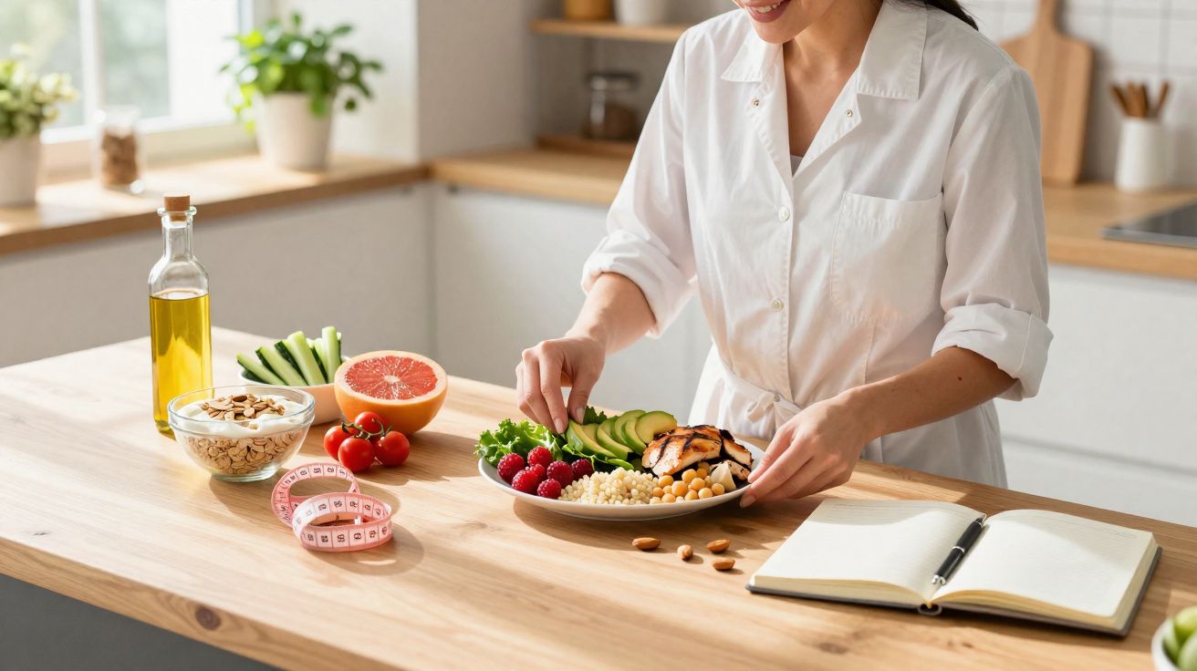 Mulher preparando prato saudável com legumes e salmão em cozinha moderna iluminada naturalmente.