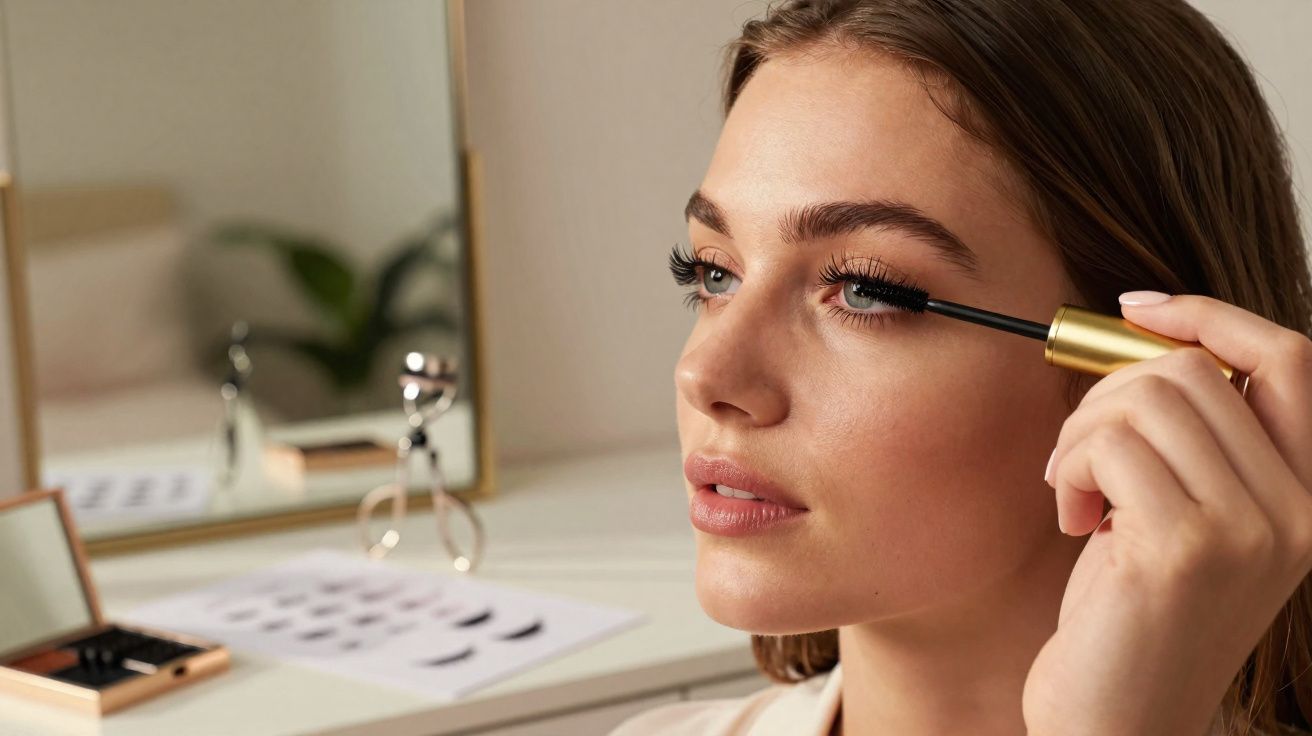 Mulher aplicando máscara de cílios em frente ao espelho em ambiente interno iluminado.