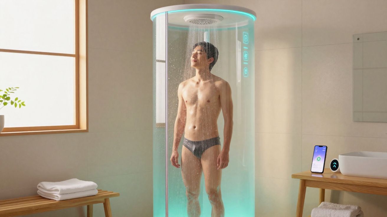 Homem tomando banho em chuveiro moderno e redondo com iluminação azul em banheiro minimalista.