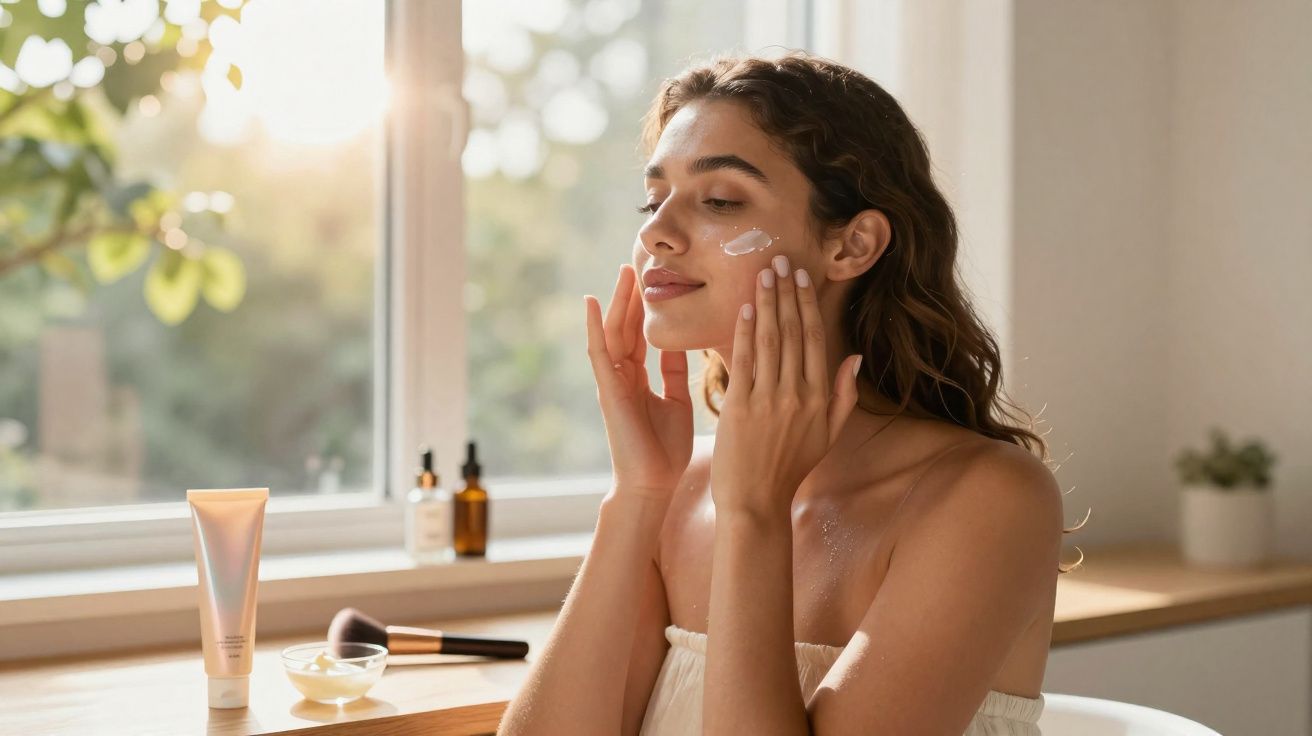 Mulher aplicando creme facial em ambiente iluminado com produtos de skincare ao fundo.