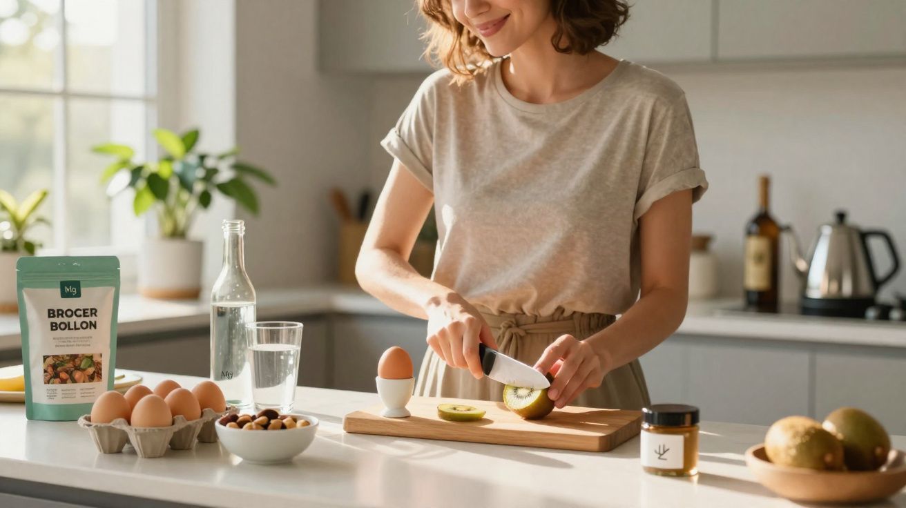 Mulher cortando kiwi na cozinha moderna com ovos, nozes e água sobre a bancada.