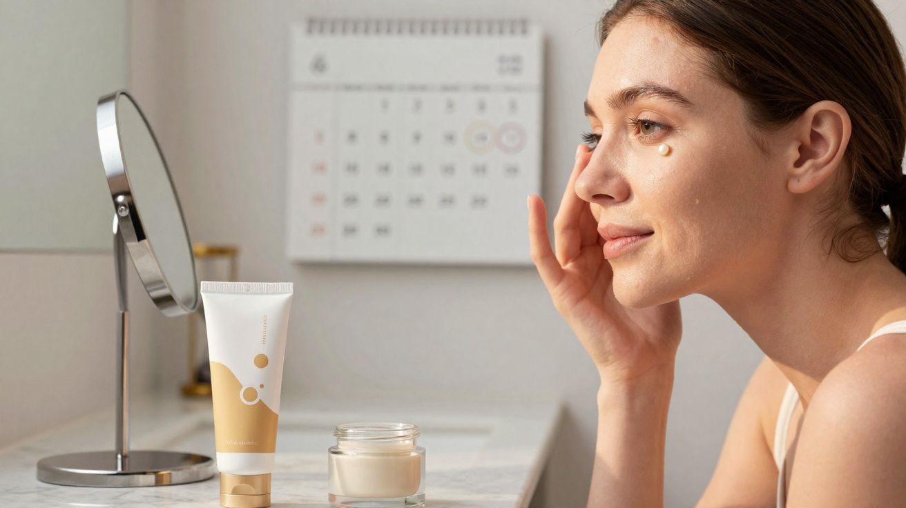 Mulher aplicando creme facial com espelho e calendário ao fundo em banheiro iluminado.