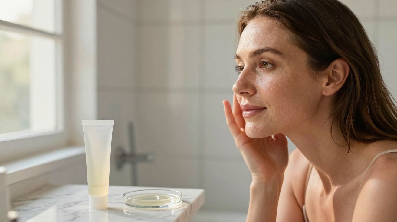 Mulher aplicando creme no rosto em banheiro com luz natural entrando pela janela.