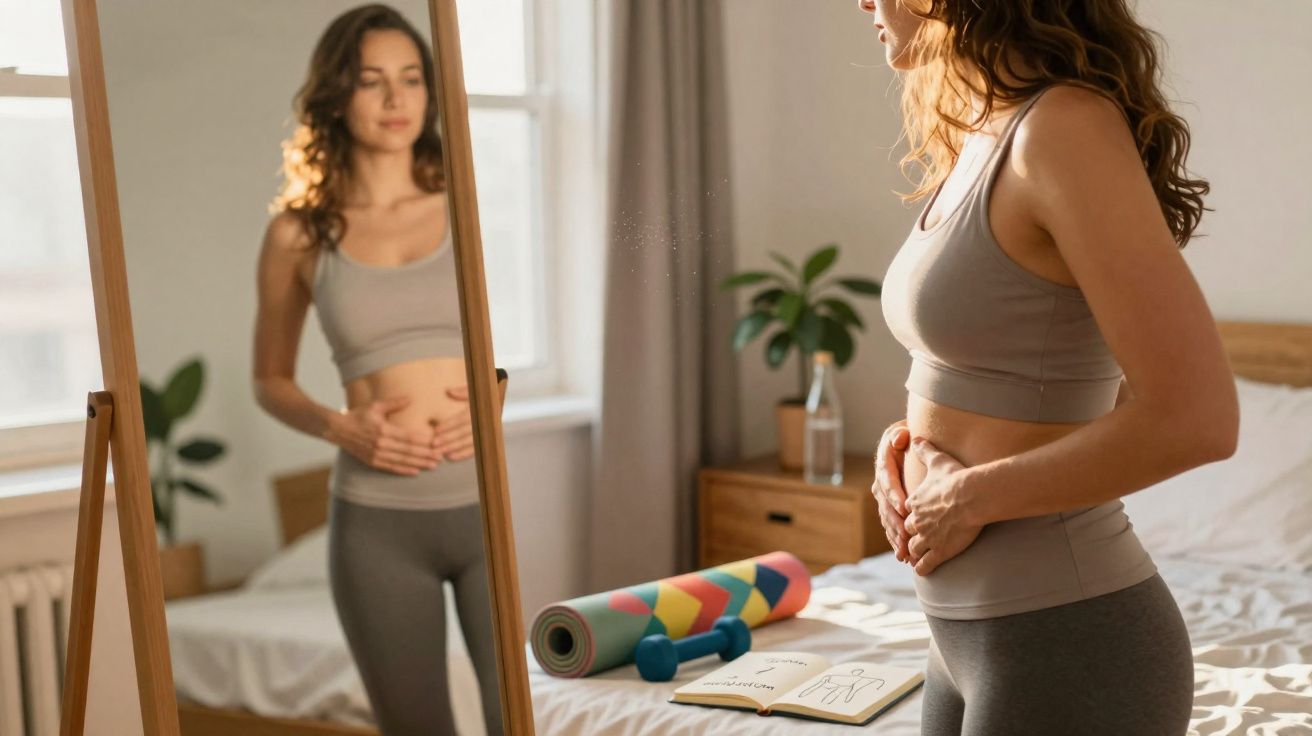 Mulher em roupa de ginástica olhando para o espelho, segurando a barriga em um quarto iluminado.