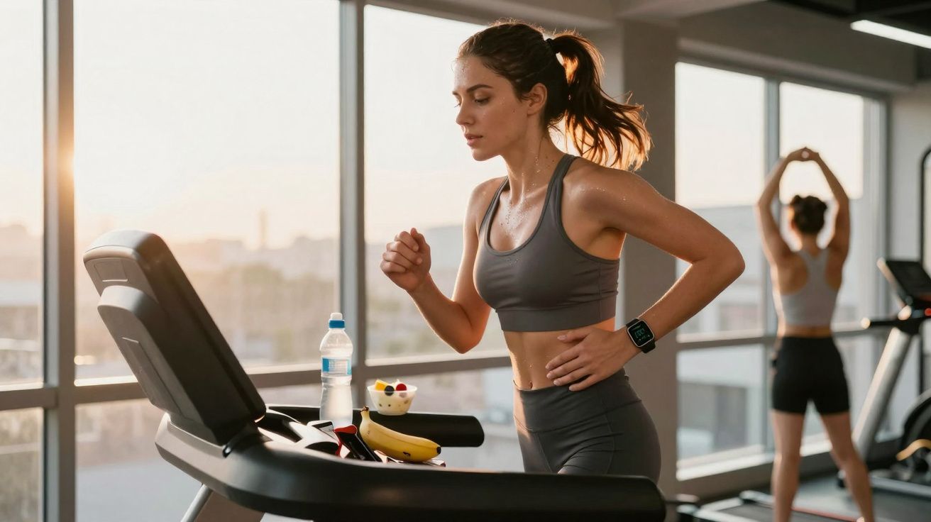 Mulher correndo na esteira em academia com garrafa de água, frutas e outra pessoa ao fundo se alongando.
