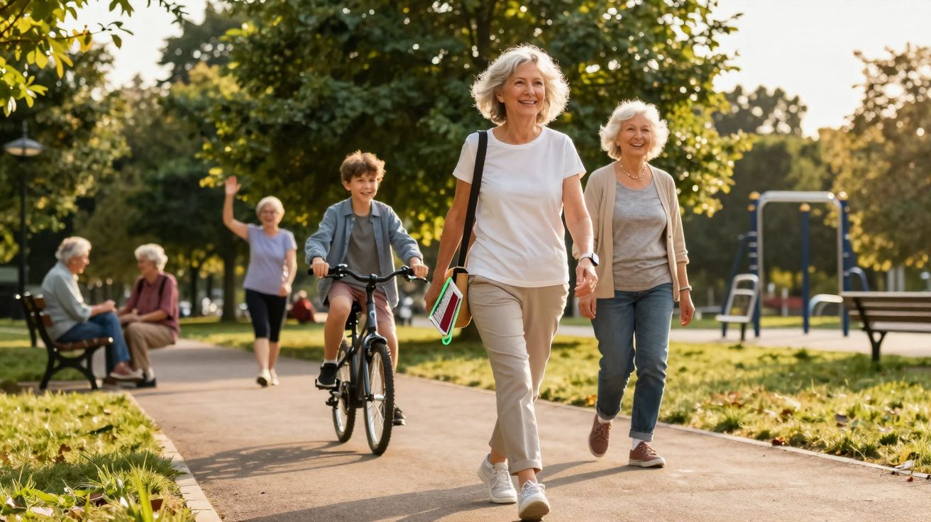 Duas mulheres idosas caminhando sorrindo em parque, menino andando de bicicleta e pessoas ao fundo.