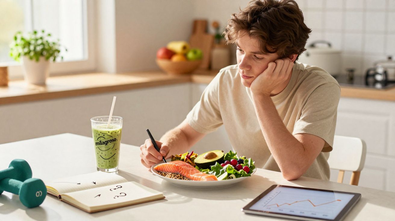 Jovem comendo comida saudável na cozinha, com tablet, livro aberto e halteres na mesa.