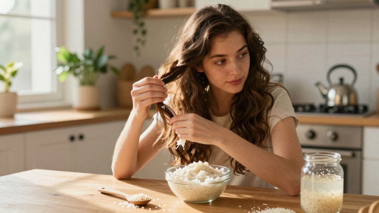 Mulher com cabelo cacheado aplicando tratamento caseiro de arroz na cozinha ensolarada.