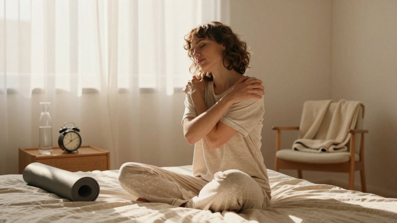 Mulher em pijama sentada na cama abraçando os ombros em ambiente iluminado e relaxante.