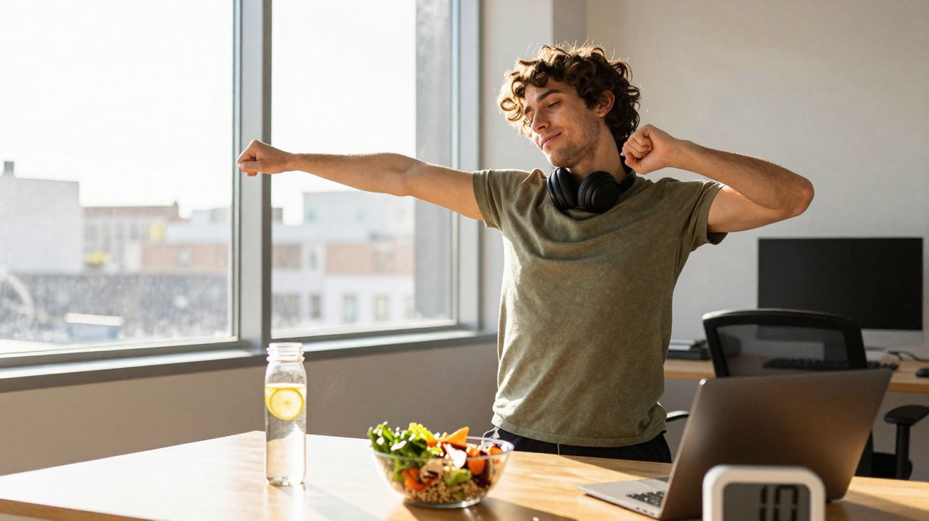 Jovem se espreguiçando perto da mesa com salada, garrafa de água e laptop em ambiente iluminado.