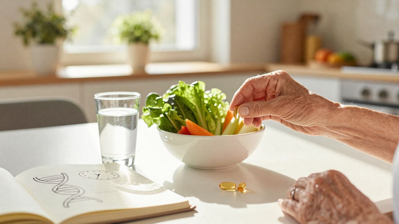 Pessoa idosa pegando cápsulas de suplemento com uma salada, copo d'água e livro aberto na mesa branca.