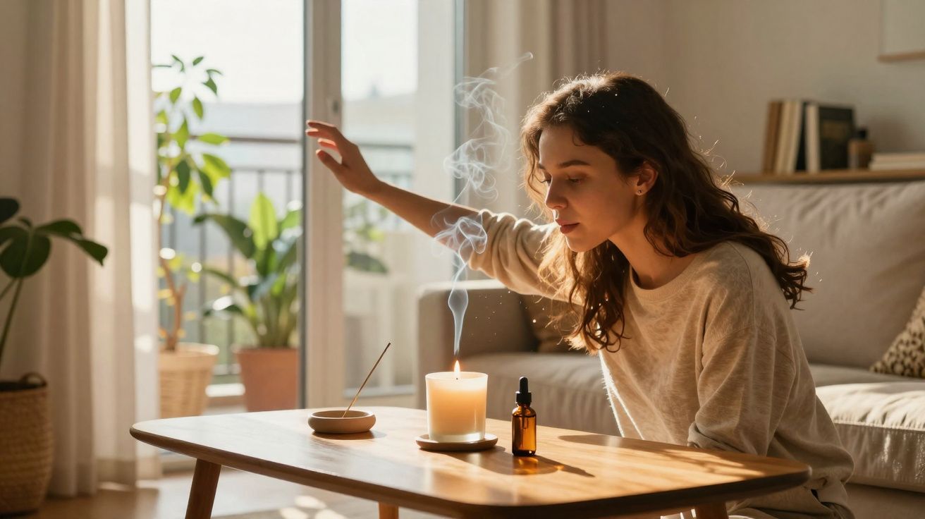 Mulher acendendo vela perfumada em sala iluminada com plantas e sofá ao fundo.