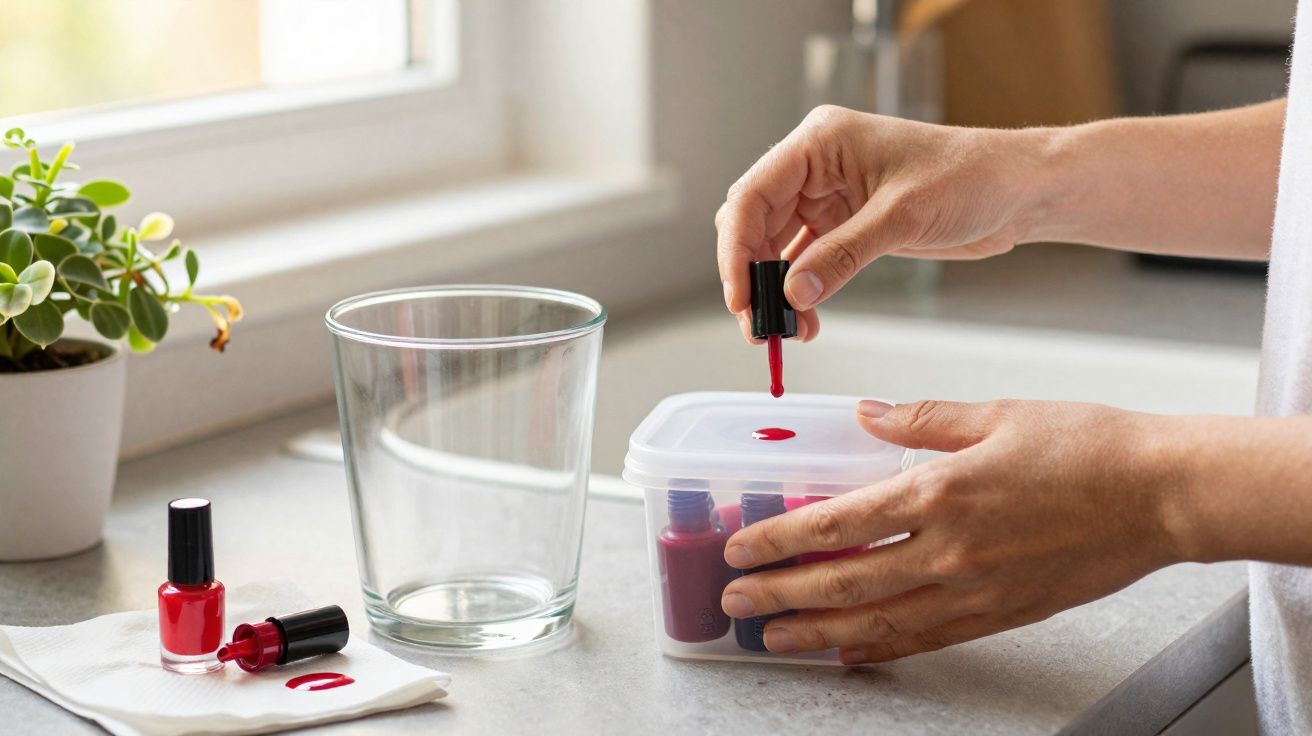 Mãos segurando e pingando esmalte vermelho sobre a tampa de caixa plástica em bancada de cozinha.