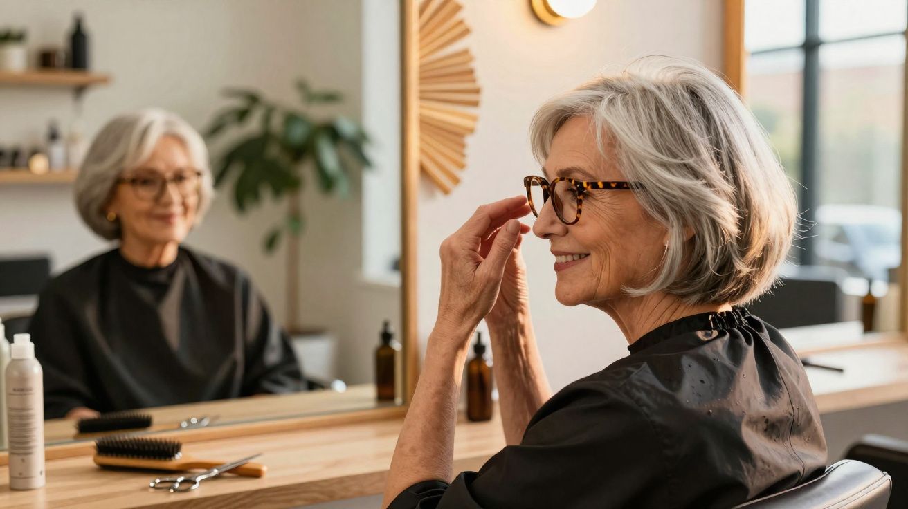 Mulher idosa com cabelos grisalhos e óculos, sorrindo, sentada em salão de cabeleireiro olhando no espelho.