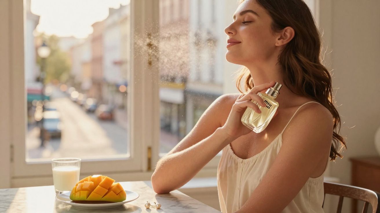 Mulher aplicando perfume com expressão de satisfação, sentada em mesa com manga e copo de leite.