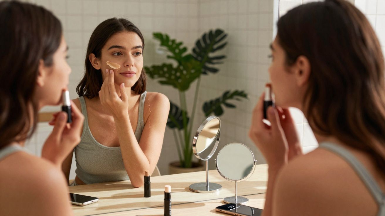 Mulher aplicando base no rosto em frente ao espelho com produtos de maquiagem sobre a mesa.