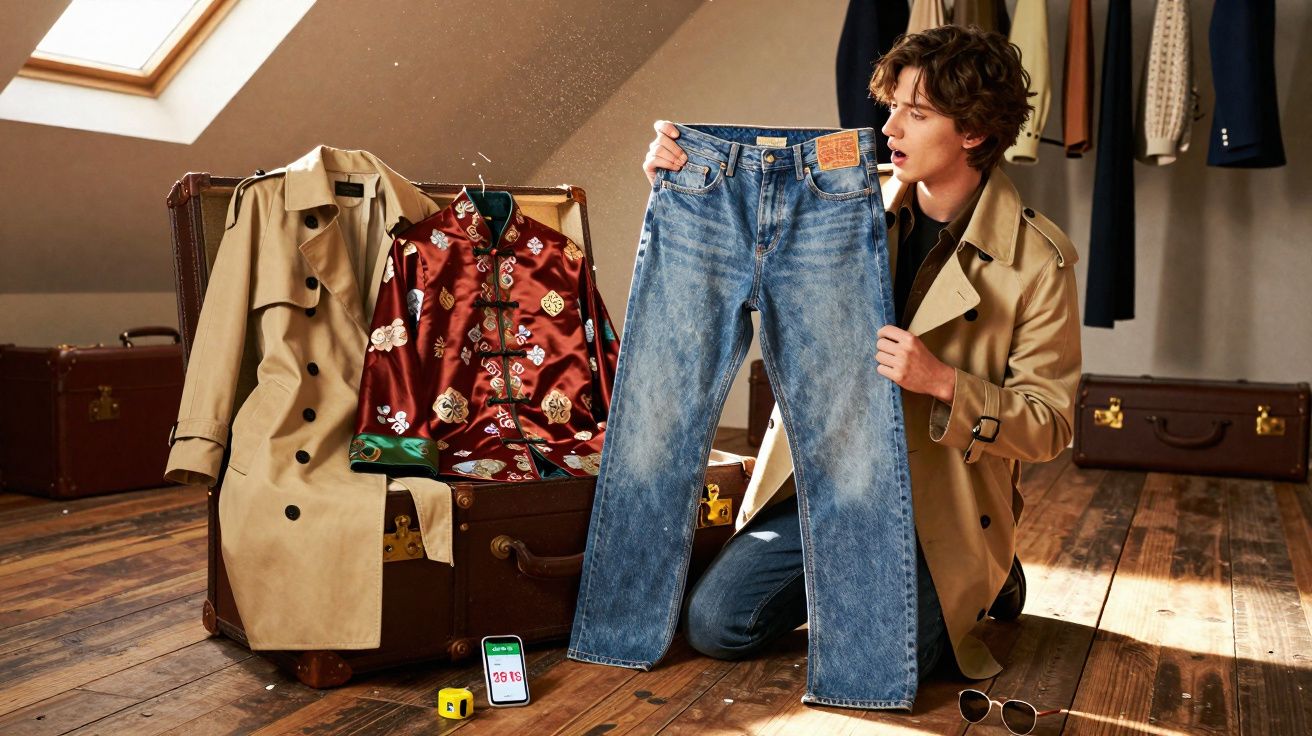 Jovem de casaco bege segurando uma calça jeans azul em um quarto com mala aberta e roupas.