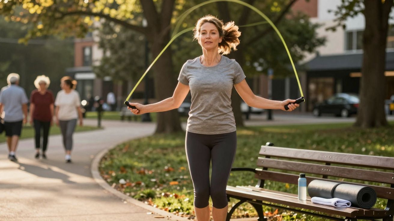 Mulher pulando corda em parque ao lado de banco com tapete de yoga e garrafa de água.