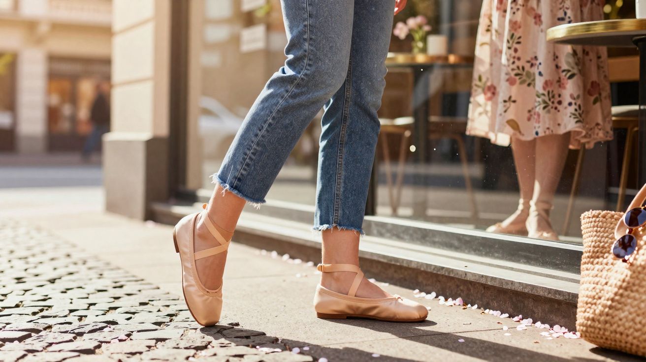 Pessoa usando sapatilhas rosa claro e jeans curtos caminhando em calçada de pedra próximo a vitrine de loja.