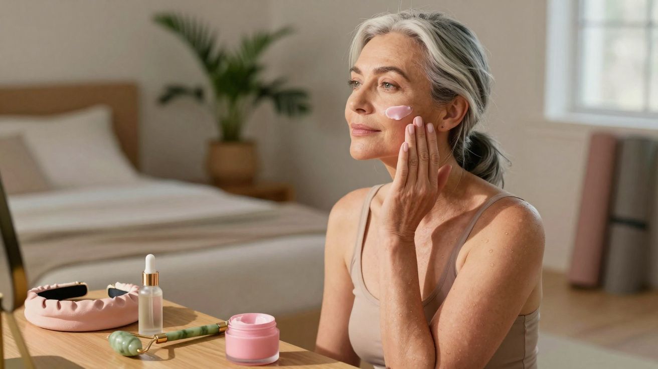 Mulher madura aplica creme facial rosa em casa, sentada em frente a espelho com produtos de skincare na mesa.