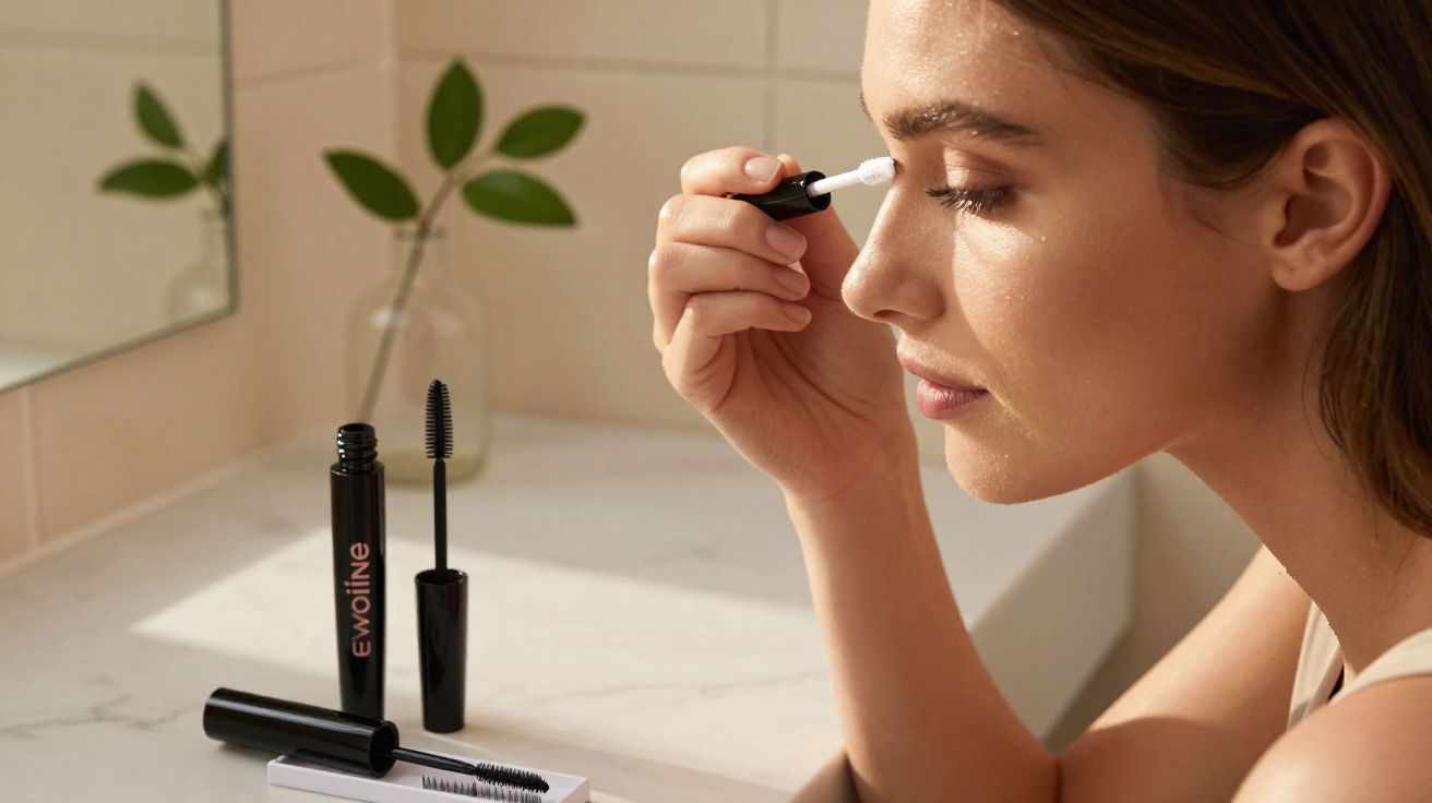 Mulher aplicando máscara de cílios branca no espelho em ambiente iluminado e tranquilo.