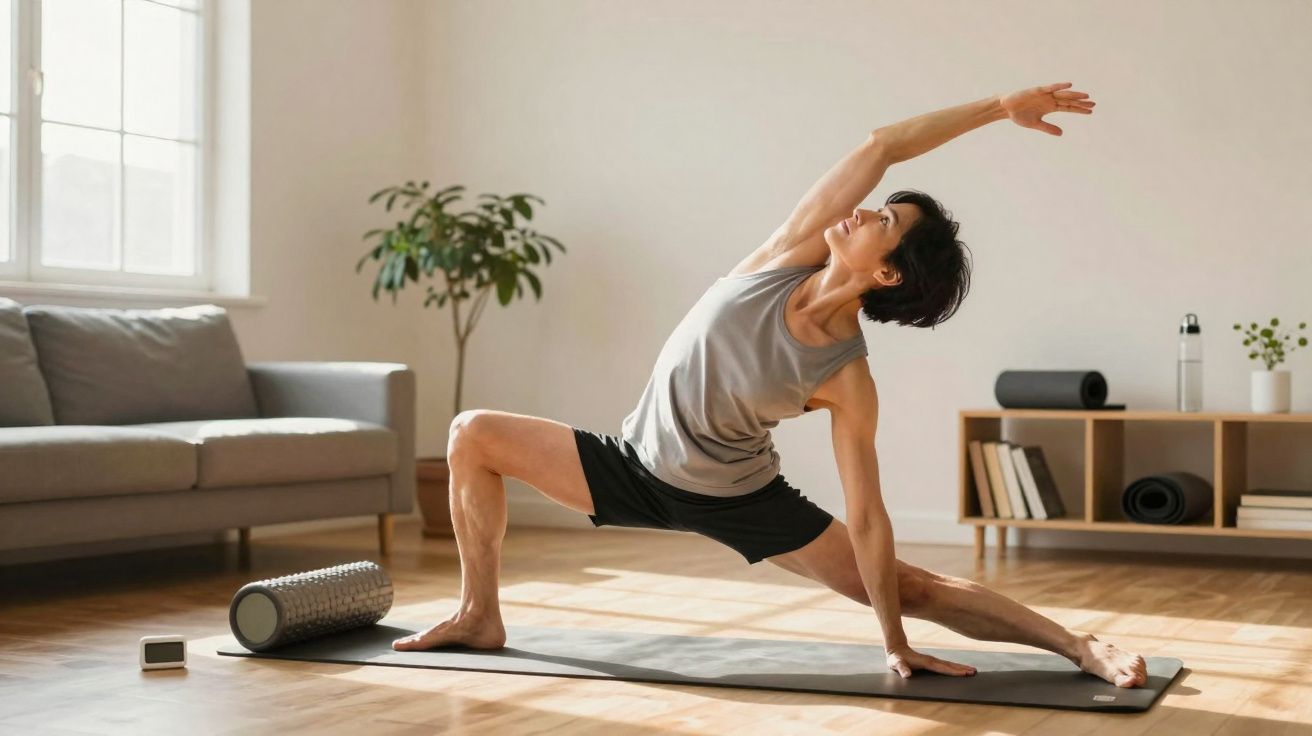 Mulher fazendo alongamento em esteira de yoga em sala de estar iluminada com sofá e planta.