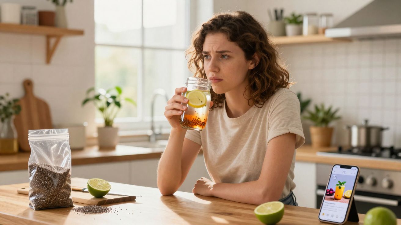 Mulher pensativa segurando copo com bebida de limão na cozinha, com smartphone e ingredientes na mesa.