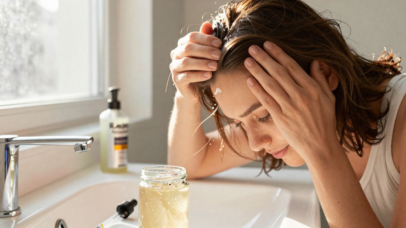 Mulher aplicando soro no rosto perto da pia em ambiente iluminado por luz natural.