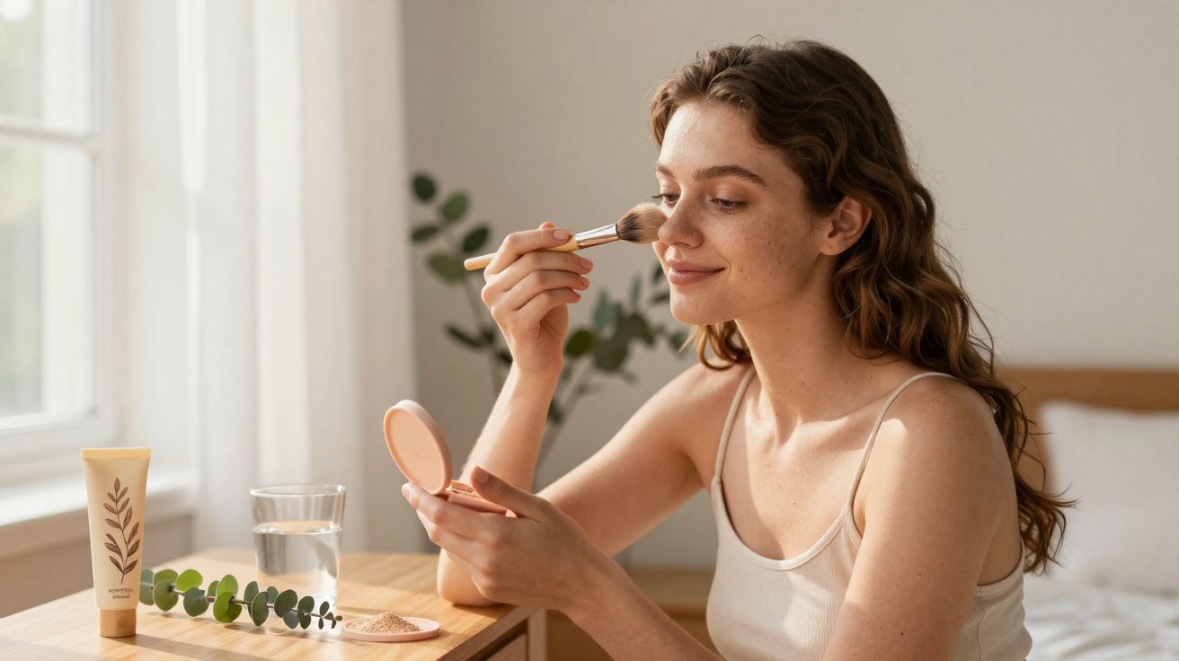 Mulher aplicando maquiagem com pincel no rosto, sentada perto de janela em ambiente iluminado.