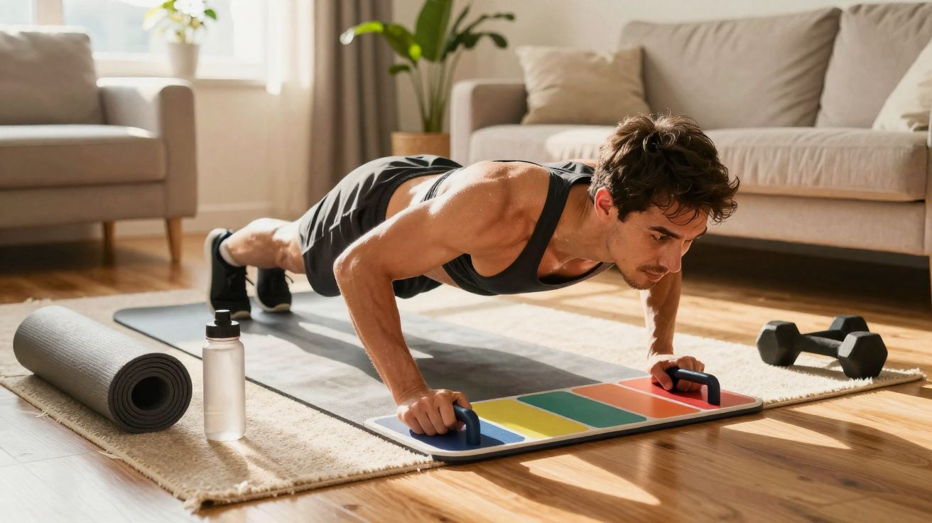 Homem fazendo flexão com apoio colorido no chão de sala, com tapete, garrafa e halteres ao redor.