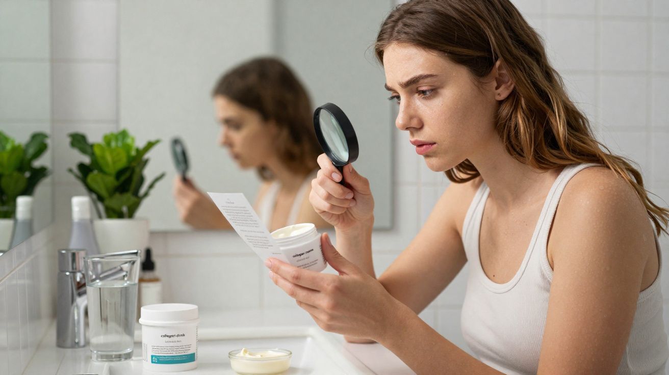 Mulher lendo rótulo de produto cosmético com lupa enquanto está no banheiro, olhando atentamente.
