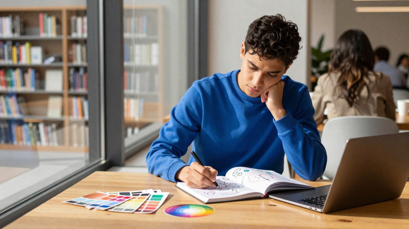 Jovem desenhando em caderno com laptop e paleta de cores em mesa, em biblioteca com estantes ao fundo.