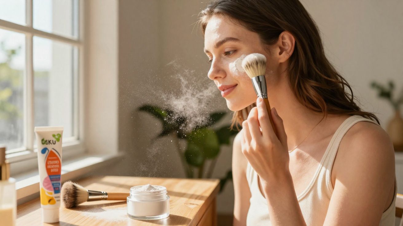 Mulher aplicando pó facial com pincel em ambiente iluminado por luz natural ao lado de janela.