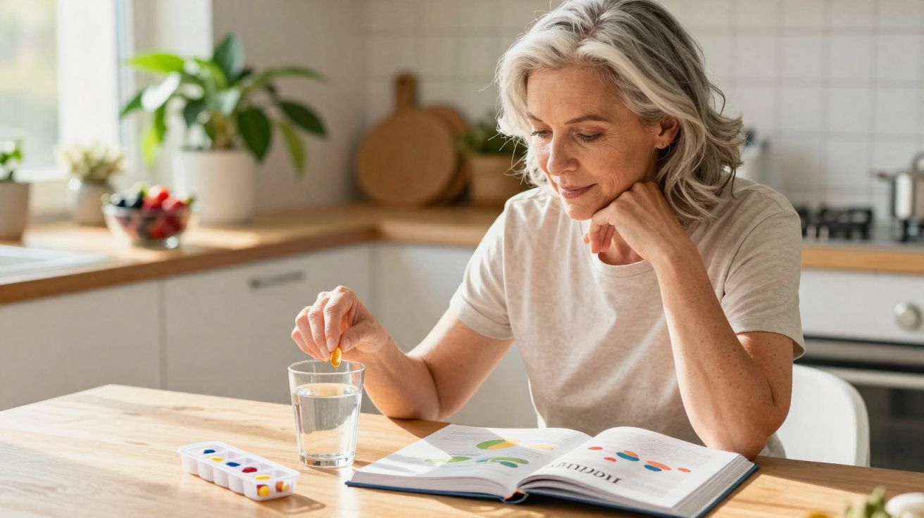 Mulher madura sentada à mesa, lendo livro e colocando cápsula em copo com água na cozinha iluminada.
