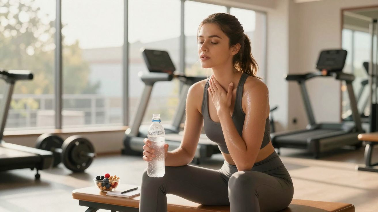 Mulher suada sentada em banco de academia, segurando garrafa de água e descansando após treino.