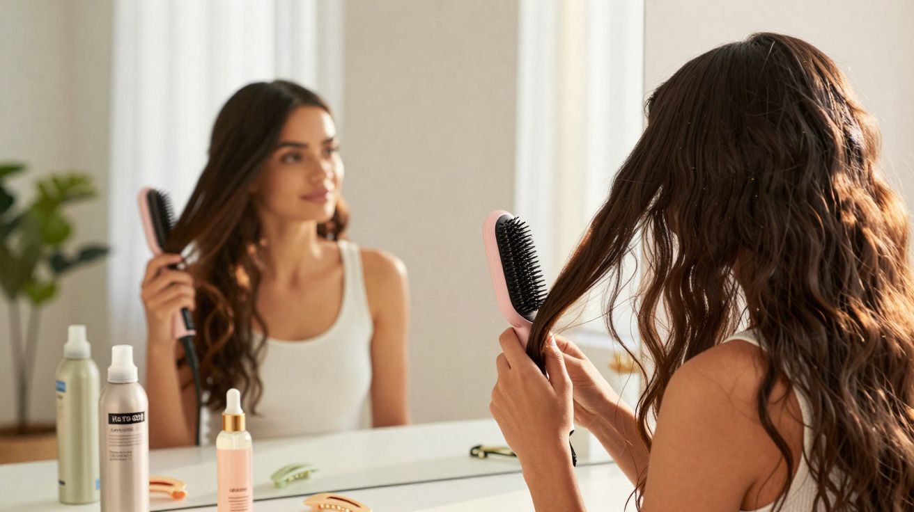 Mulher penteando o cabelo longo e ondulado em frente ao espelho em ambiente claro e organizado.