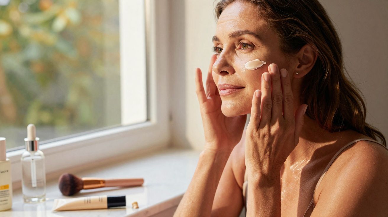 Mulher aplicando creme facial próxima a janela, com produtos de beleza sobre a bancada.