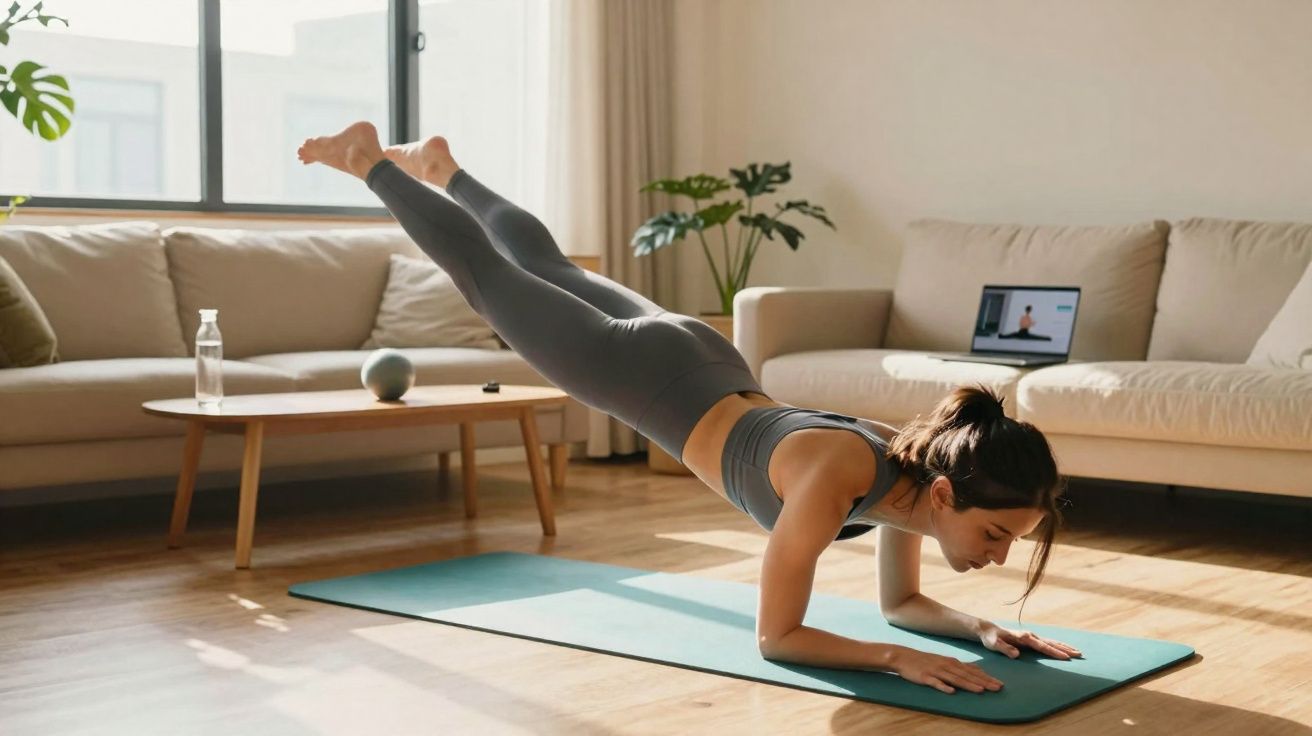 Mulher fazendo exercício de prancha com pernas elevadas em tapete de yoga na sala iluminada.