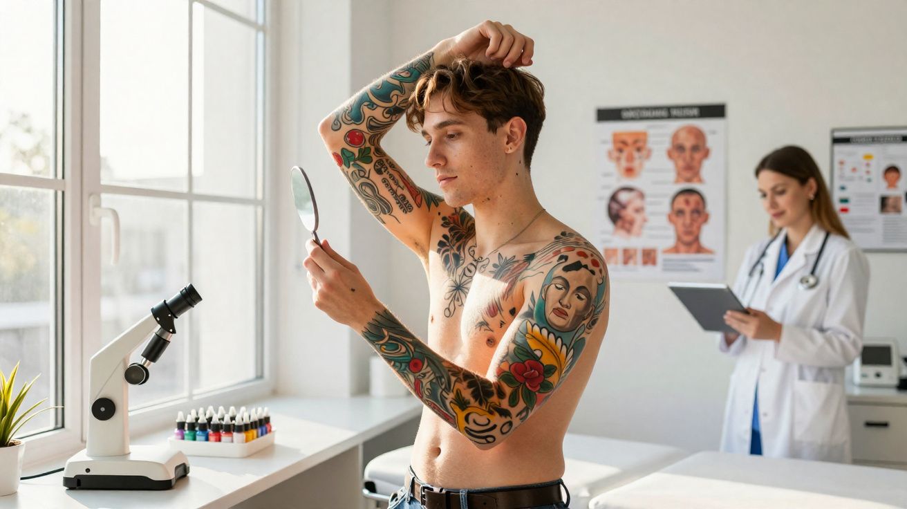 Homem tatuado olhando no espelho em clínica dermatológica, com médica ao fundo lendo prontuário.