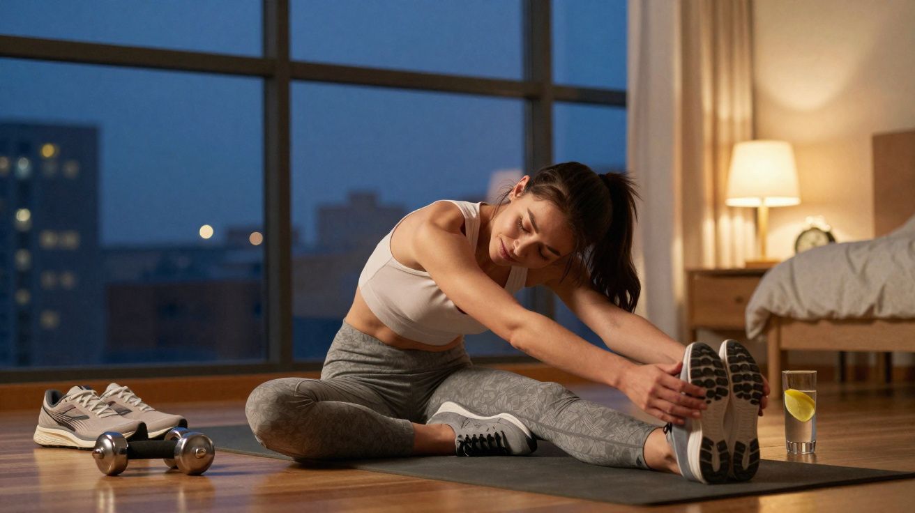 Mulher fazendo alongamento no tapete de yoga à noite em sala com dumbbells, tênis e copo de água com limão.