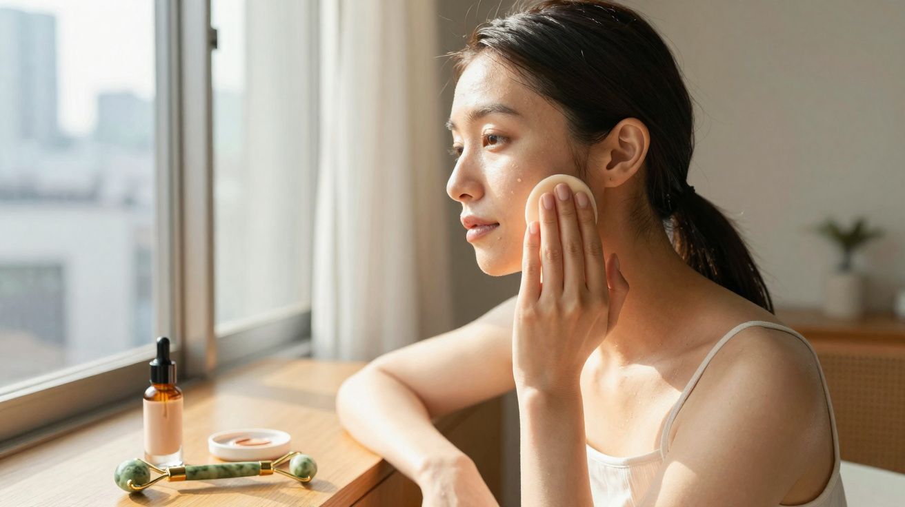 Mulher aplicando maquiagem com esponja perto da janela, com produtos de beleza ao lado em mesa de madeira.