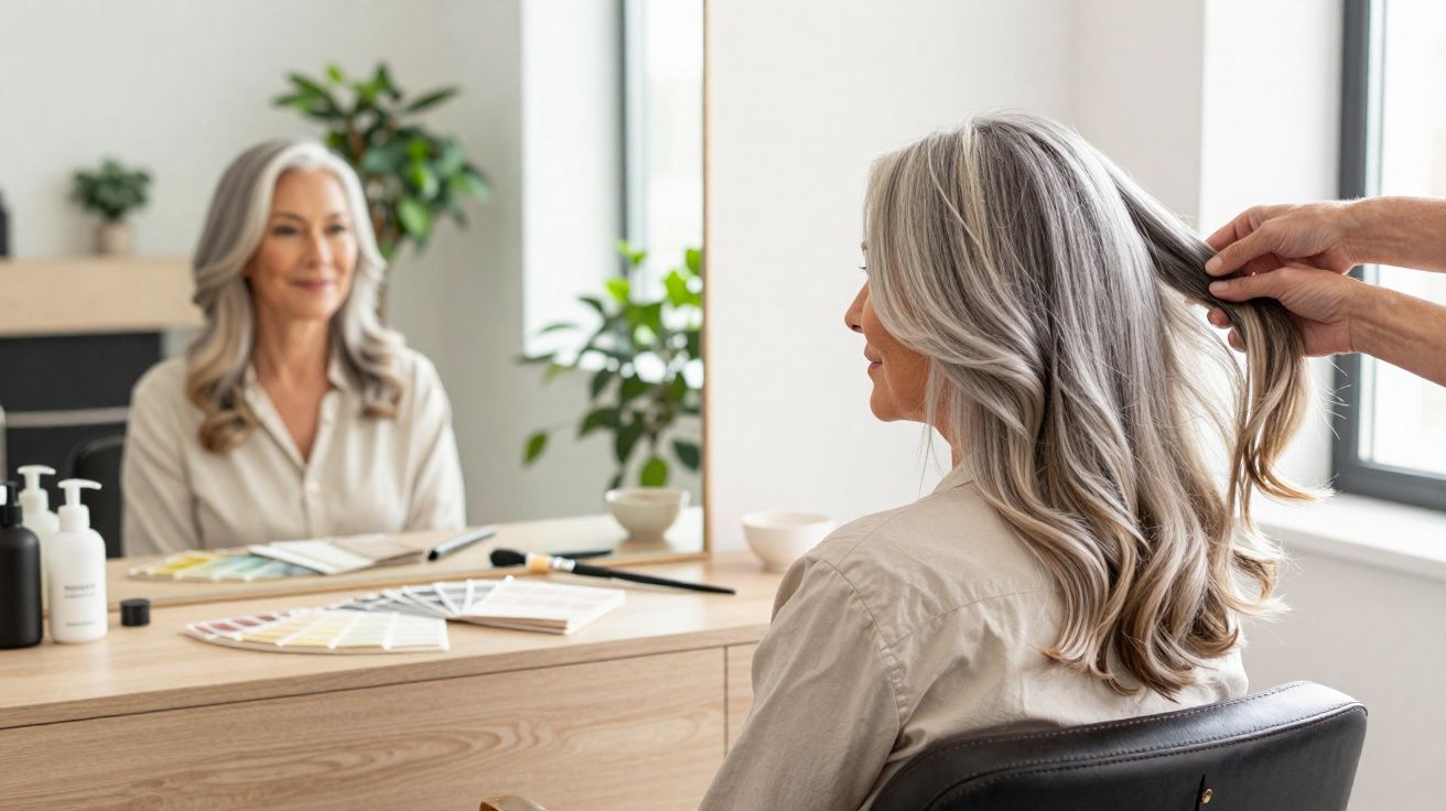 Mulher idosa com cabelo grisalho sendo penteada em frente ao espelho em ambiente iluminado e decoração minimalista.
