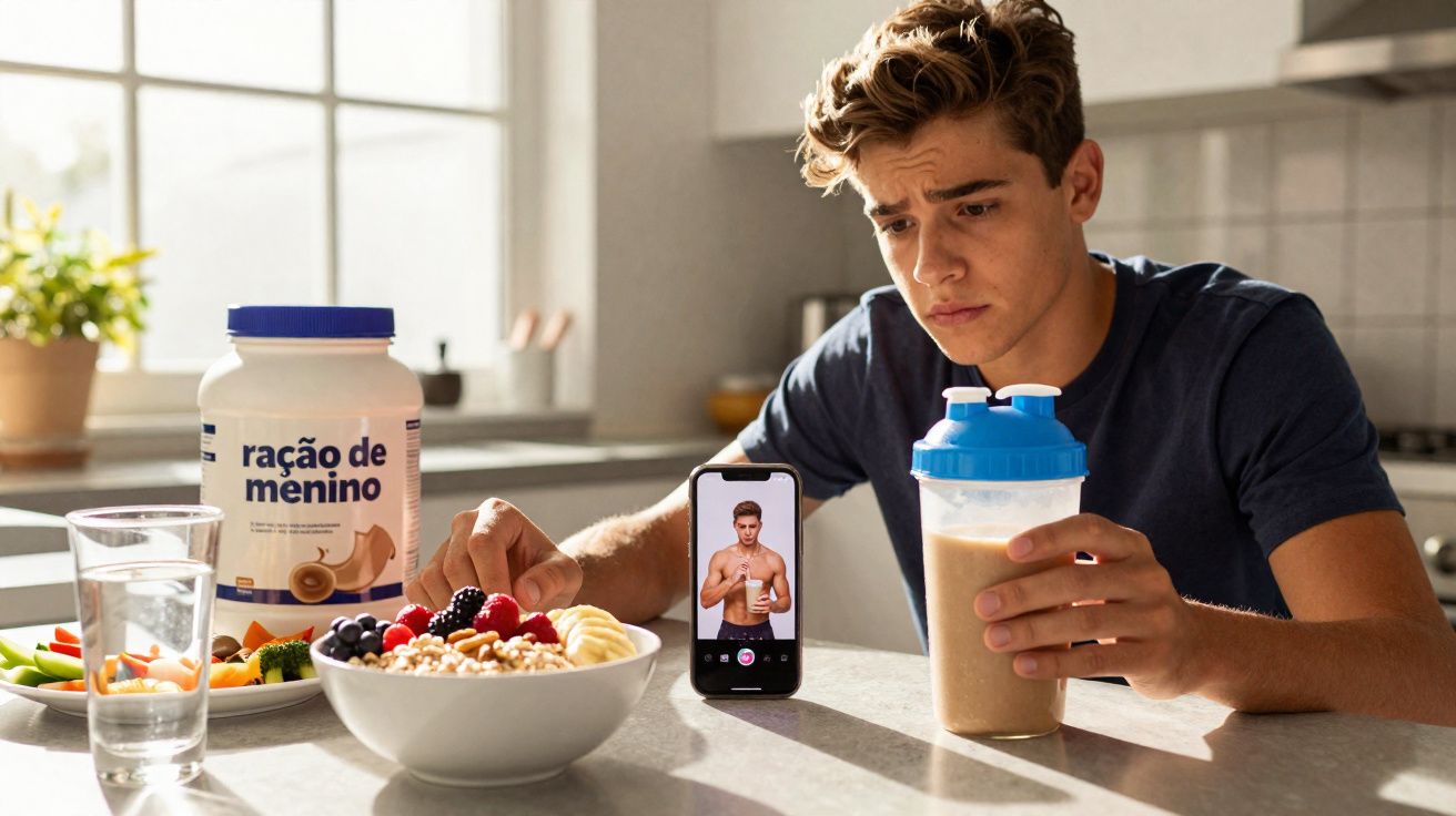 Jovem observa foto fitness no celular enquanto segura copo de shake na cozinha com alimentos saudáveis na mesa.
