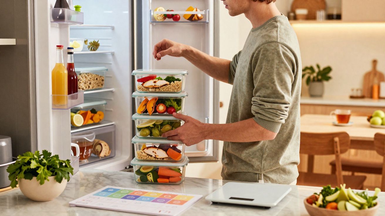 Homem organizando potes empilhados com alimentos saudáveis na cozinha moderna.