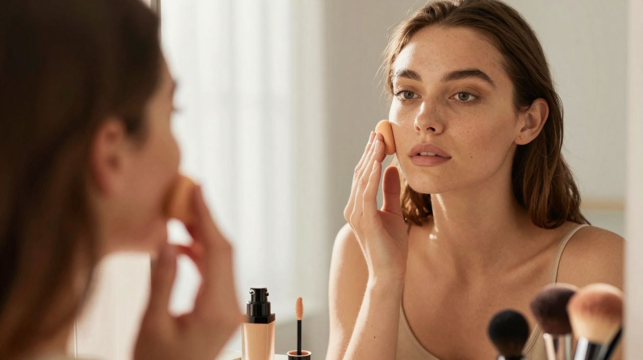 Mulher usando esponja para aplicar base no rosto em frente ao espelho, com pincéis de maquiagem na mesa.