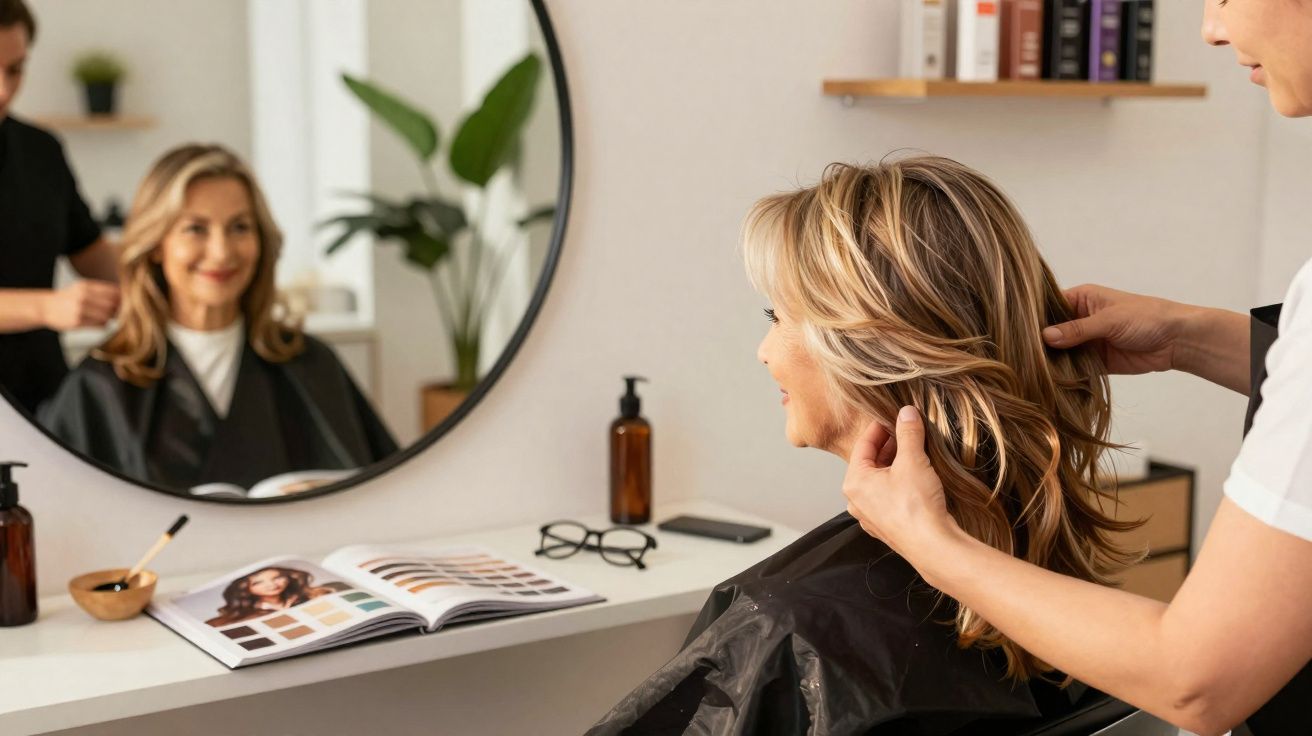 Mulher loira sorrindo em salão de beleza enquanto cabeleireiro arruma seu cabelo.