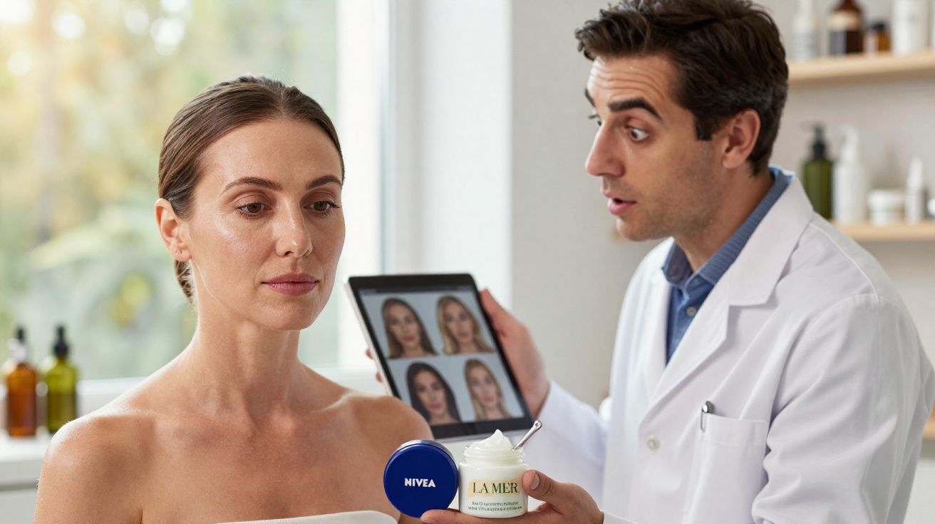 Homem em jaleco mostra fotos e cremes faciais para mulher em ambiente de clínica estética.