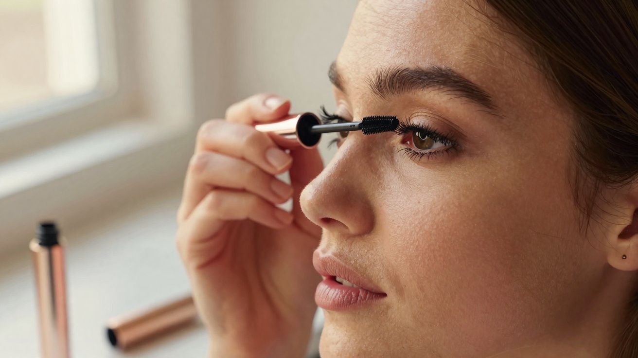 Mulher aplicando rímel nos cílios em ambiente interno próximo à janela com foco no rosto.