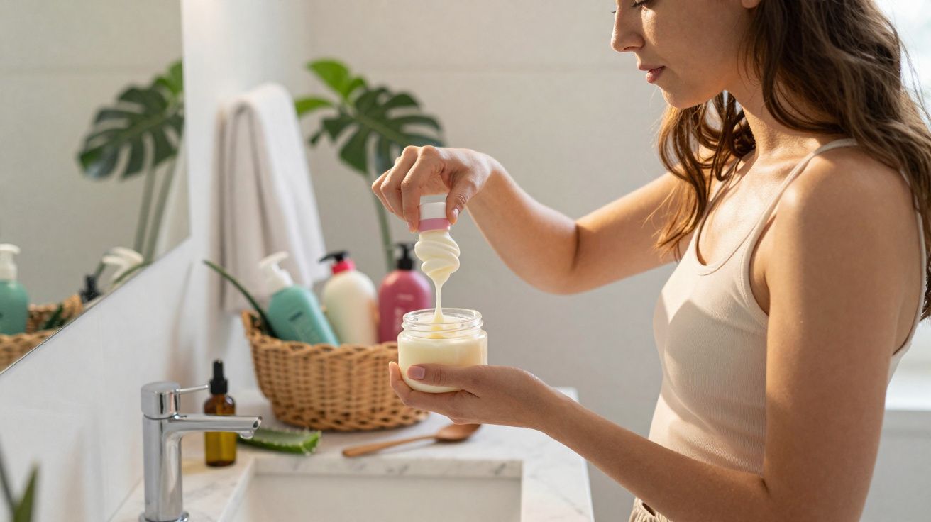 Mulher aplicando creme corporal em frasco no banheiro com produtos de beleza ao fundo.